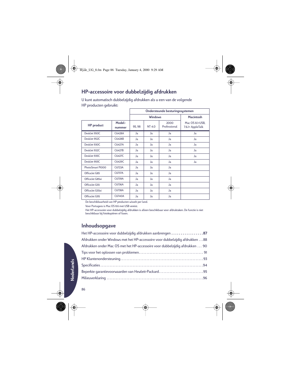 Hp-accessoire voor dubbelzijdig afdrukken, Inhoudsopgave, Nederlands | HP Deskjet 932c Printer User Manual | Page 86 / 96