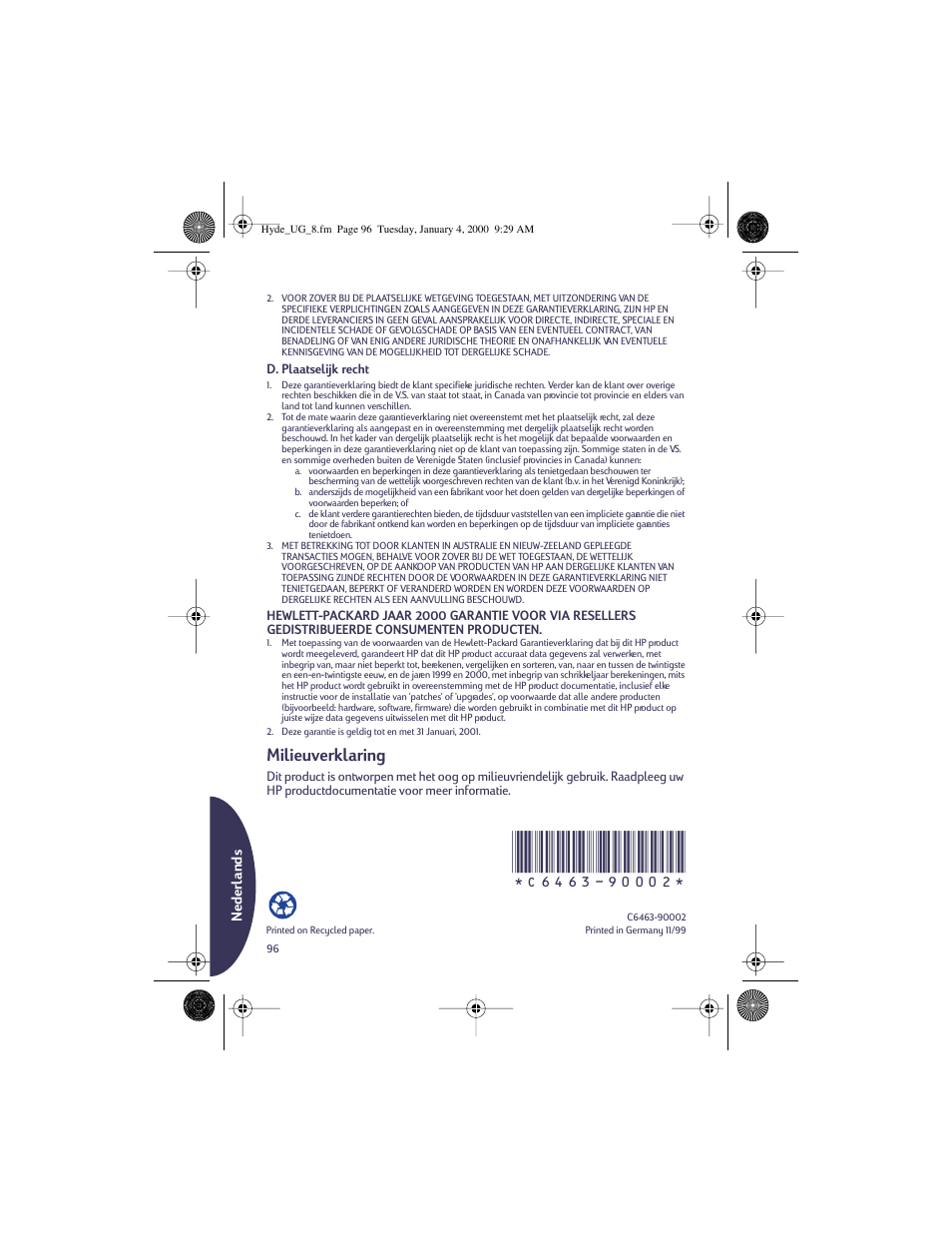 Milieuverklaring | HP Deskjet 932c Printer User Manual | Page 96 / 96