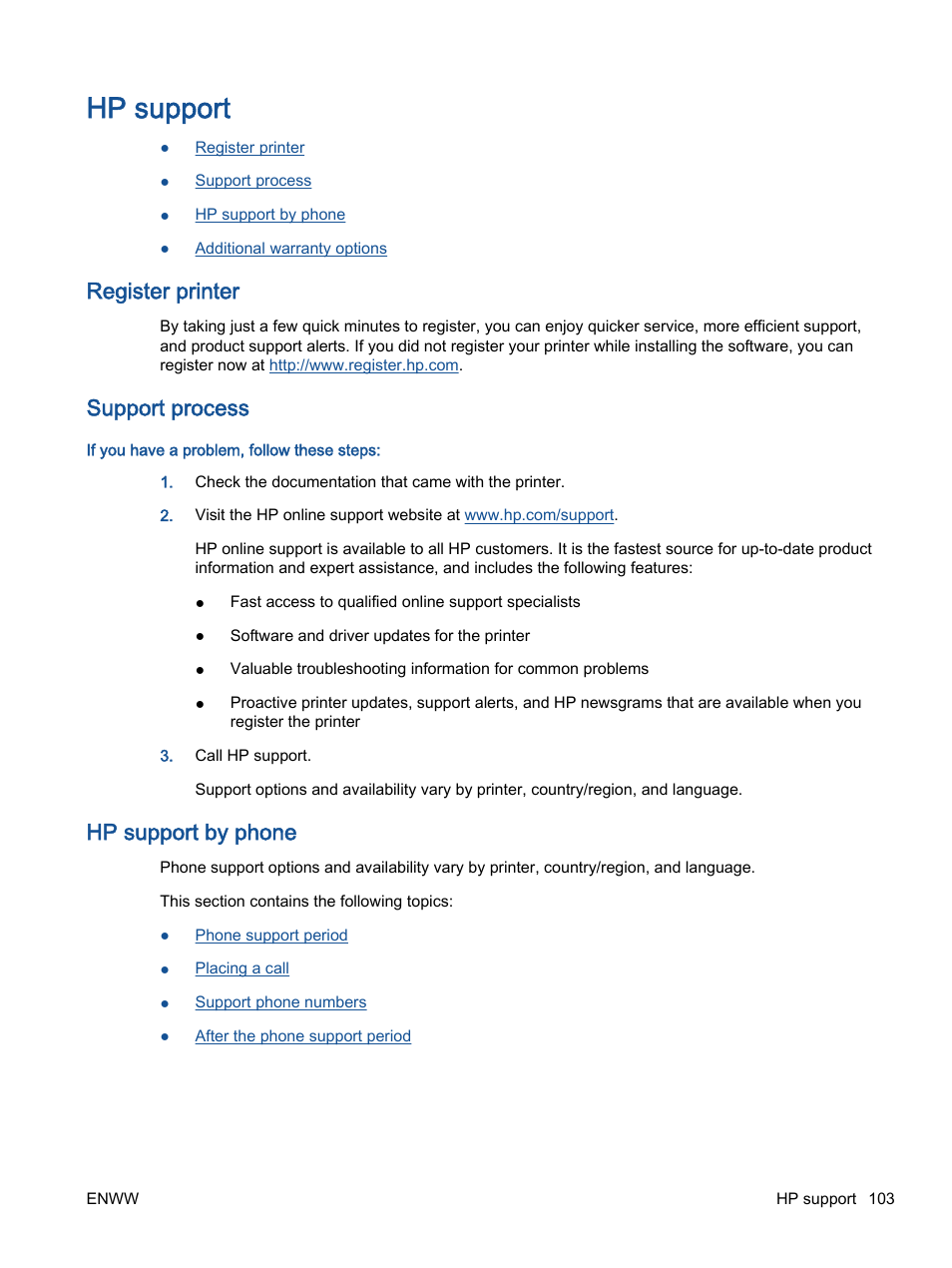 Hp support, Register printer, Support process | Hp support by phone | HP Officejet 4630 e-All-in-One Printer User Manual | Page 109 / 166
