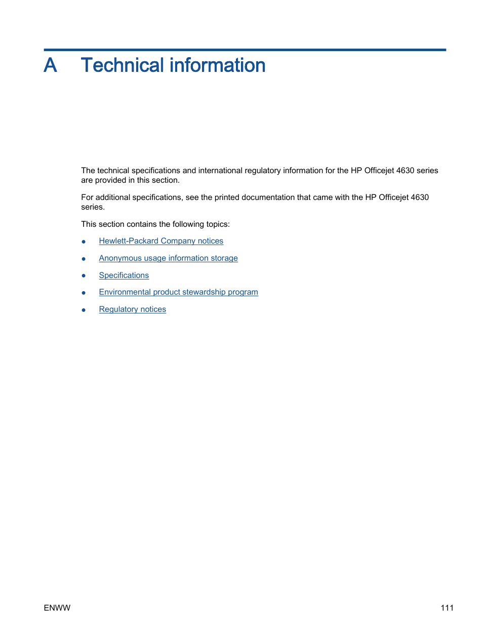 Technical information, Appendix a technical information, A technical information | HP Officejet 4630 e-All-in-One Printer User Manual | Page 117 / 166