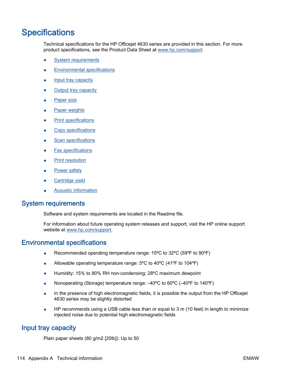 Specifications, System requirements, Environmental specifications | Input tray capacity | HP Officejet 4630 e-All-in-One Printer User Manual | Page 120 / 166