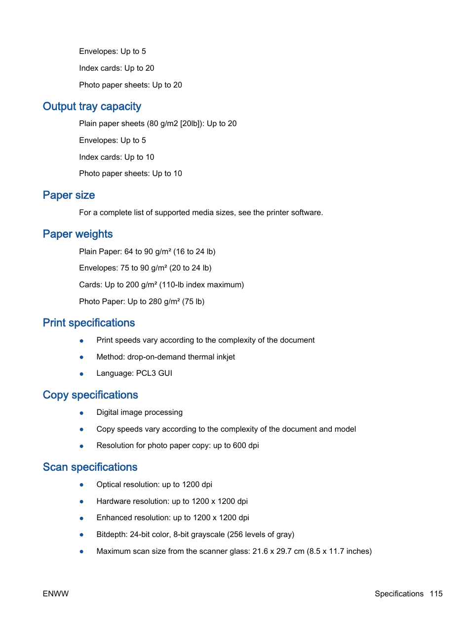 Output tray capacity, Paper size, Paper weights | Print specifications, Copy specifications, Scan specifications | HP Officejet 4630 e-All-in-One Printer User Manual | Page 121 / 166