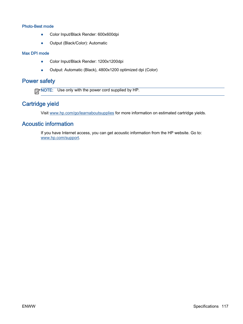 Power safety, Cartridge yield, Acoustic information | HP Officejet 4630 e-All-in-One Printer User Manual | Page 123 / 166