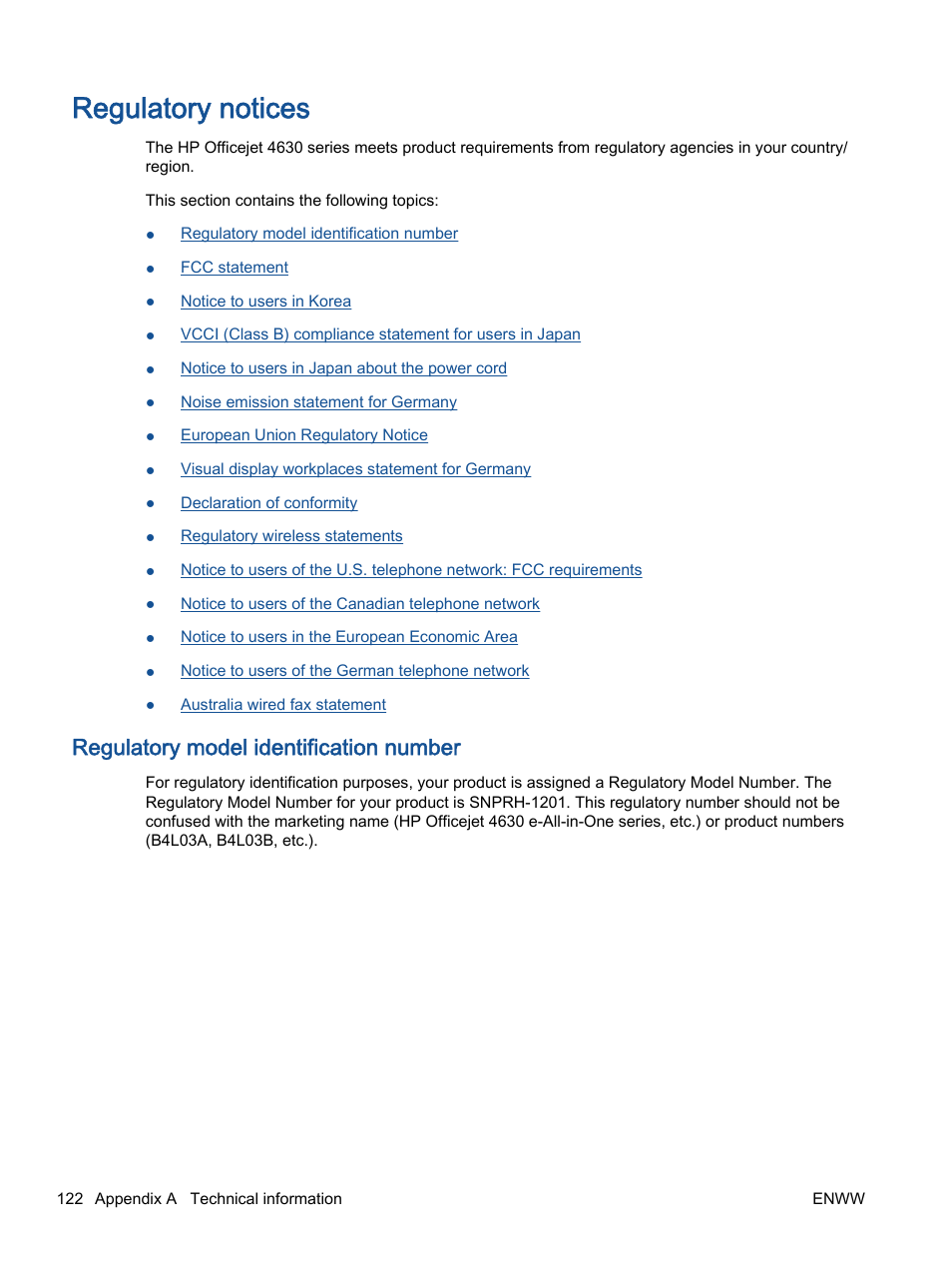 Regulatory notices, Regulatory model identification number | HP Officejet 4630 e-All-in-One Printer User Manual | Page 128 / 166