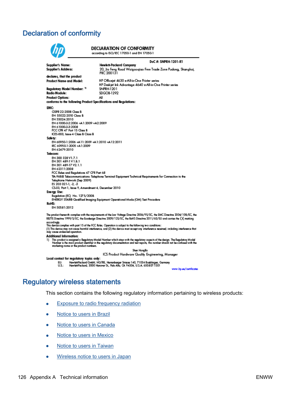 Declaration of conformity, Regulatory wireless statements | HP Officejet 4630 e-All-in-One Printer User Manual | Page 132 / 166