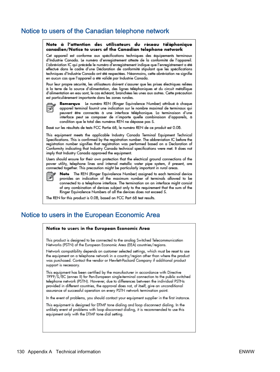 Notice to users of the canadian telephone network, Notice to users in the european economic area | HP Officejet 4630 e-All-in-One Printer User Manual | Page 136 / 166