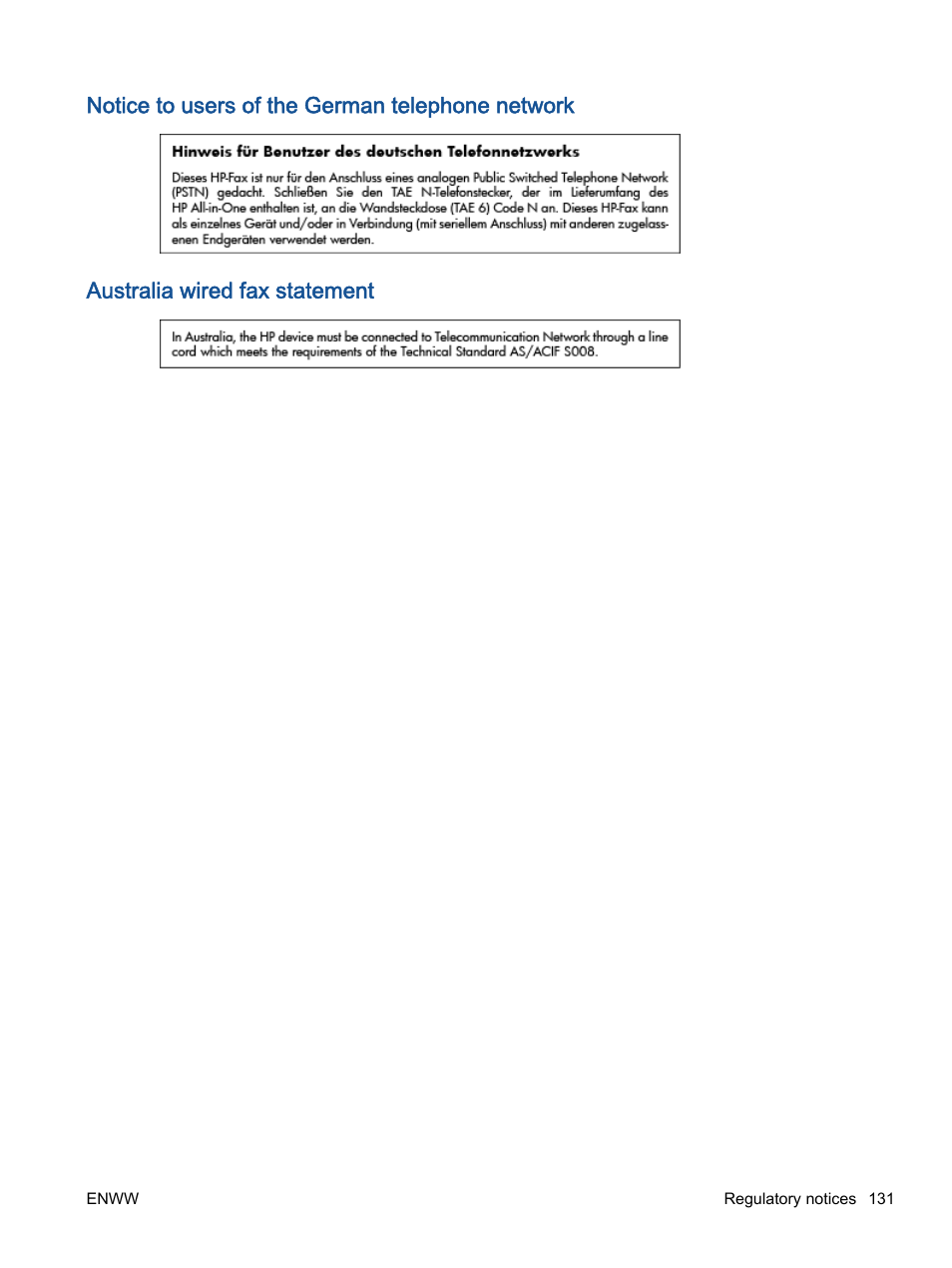 Notice to users of the german telephone network, Australia wired fax statement | HP Officejet 4630 e-All-in-One Printer User Manual | Page 137 / 166