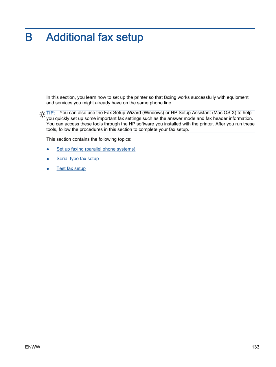 Additional fax setup, Appendix b additional fax setup, B additional fax setup | HP Officejet 4630 e-All-in-One Printer User Manual | Page 139 / 166