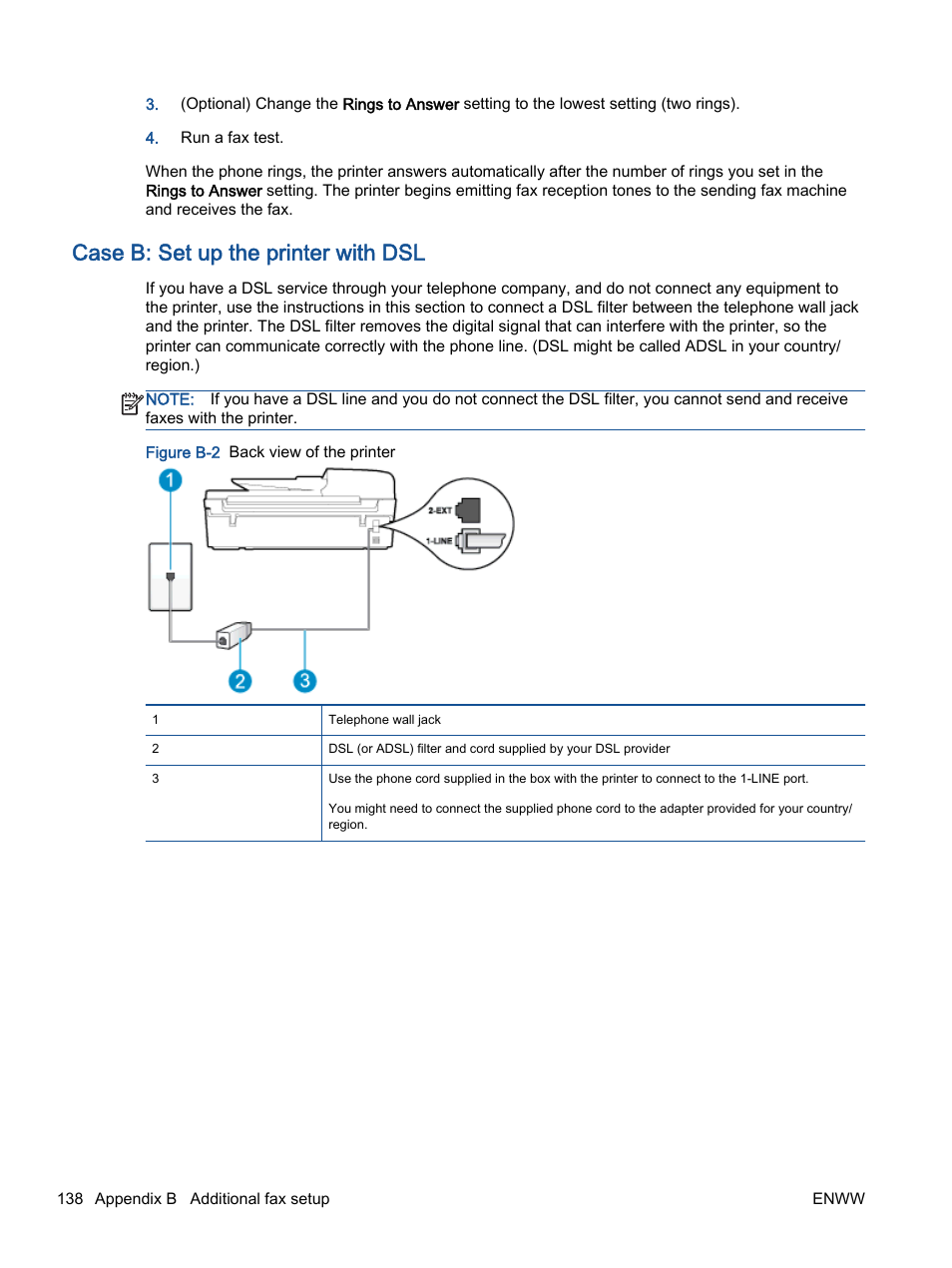 Case b: set up the printer with dsl, Case b: set up the printer | HP Officejet 4630 e-All-in-One Printer User Manual | Page 144 / 166