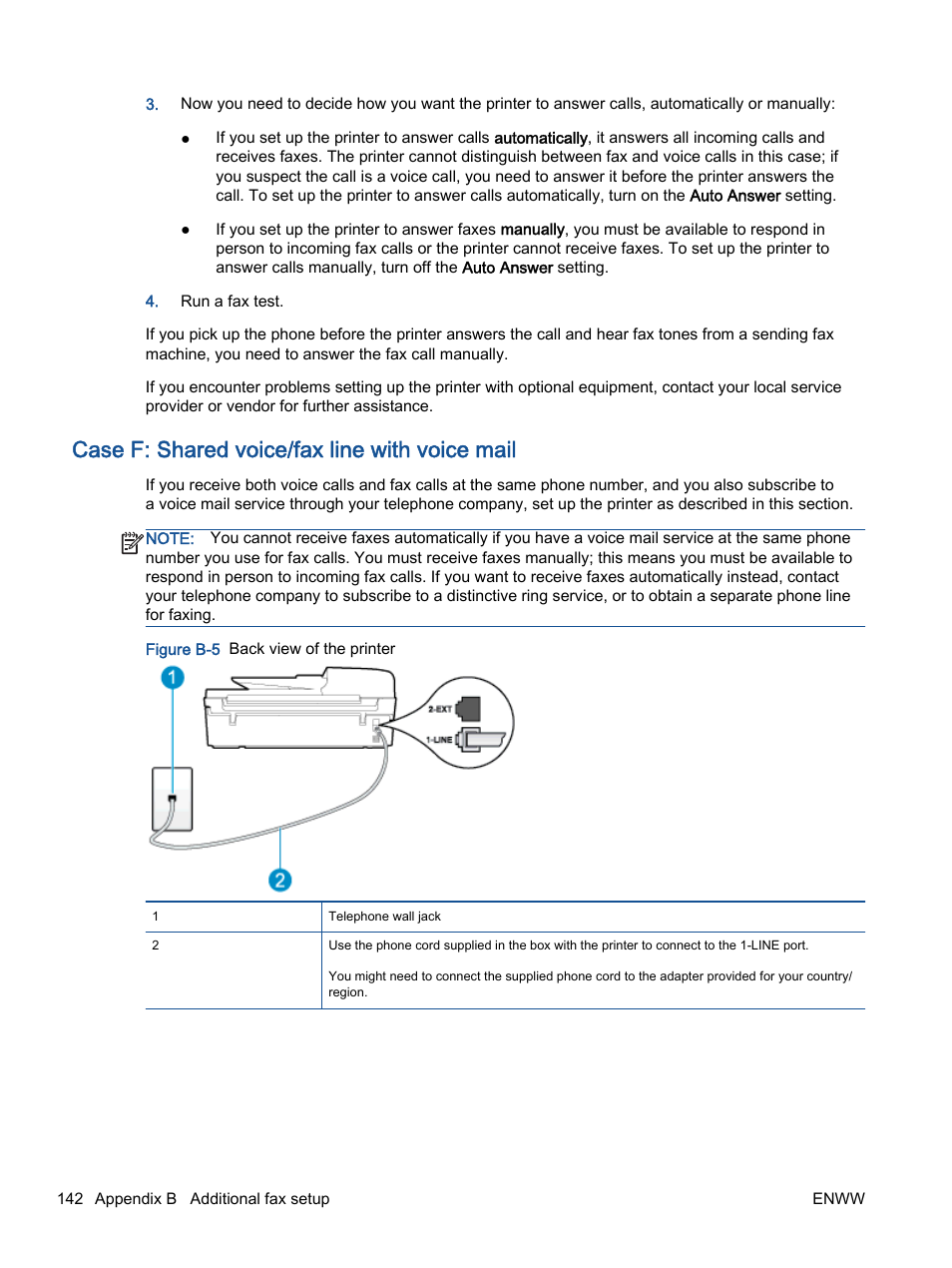 Case f: shared voice/fax line with voice mail, Case f: shared voice/fax, Line with voice mail | HP Officejet 4630 e-All-in-One Printer User Manual | Page 148 / 166