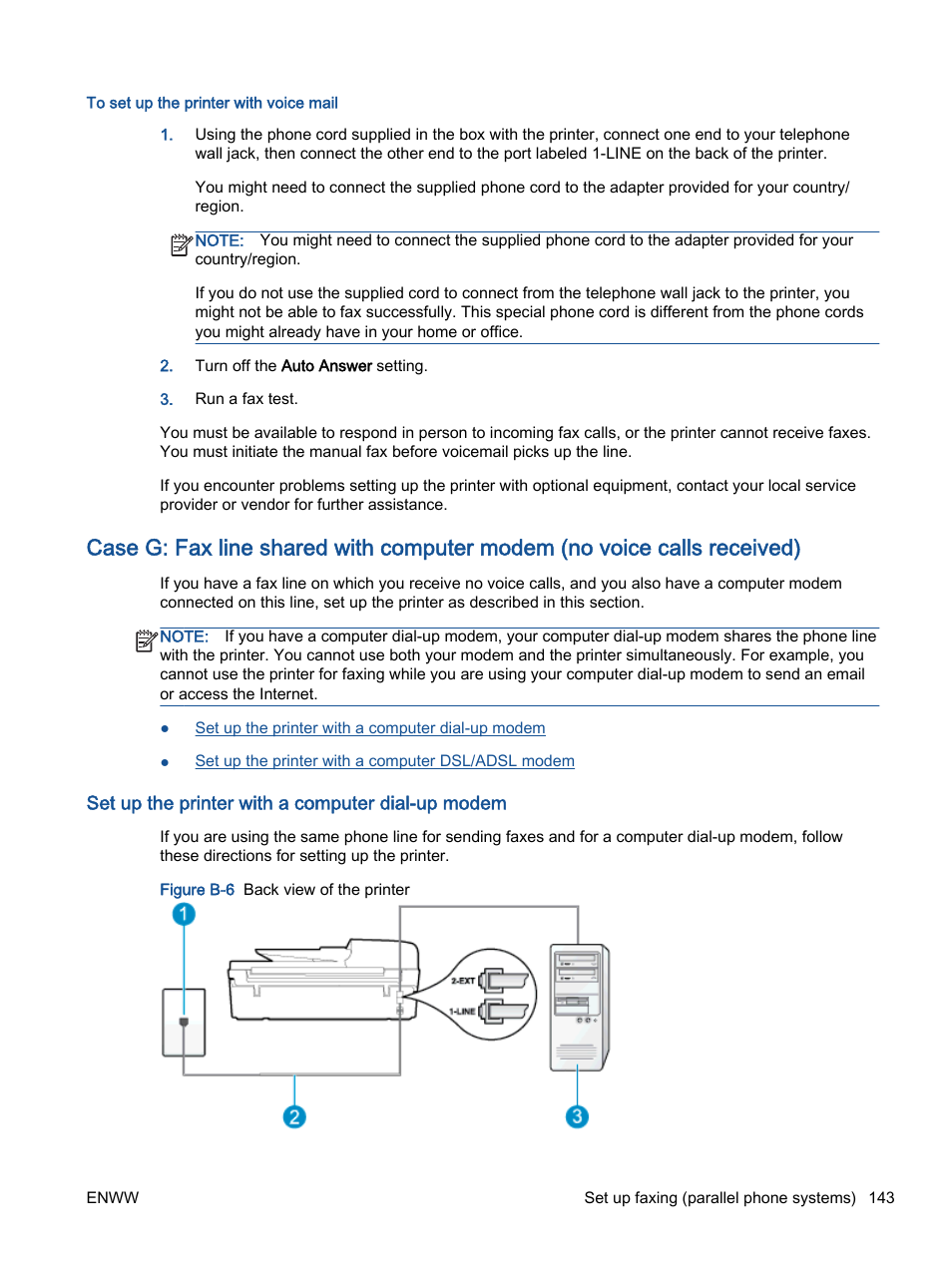 Set up the printer with a computer dial-up modem, Case g: fax line shared, With computer modem (no | Voice calls received) | HP Officejet 4630 e-All-in-One Printer User Manual | Page 149 / 166