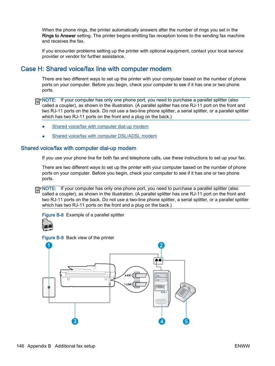 Case h: shared voice/fax line with computer modem, Shared voice/fax with computer dial-up modem, Case h: shared voice/fax | Line with computer modem | HP Officejet 4630 e-All-in-One Printer User Manual | Page 152 / 166