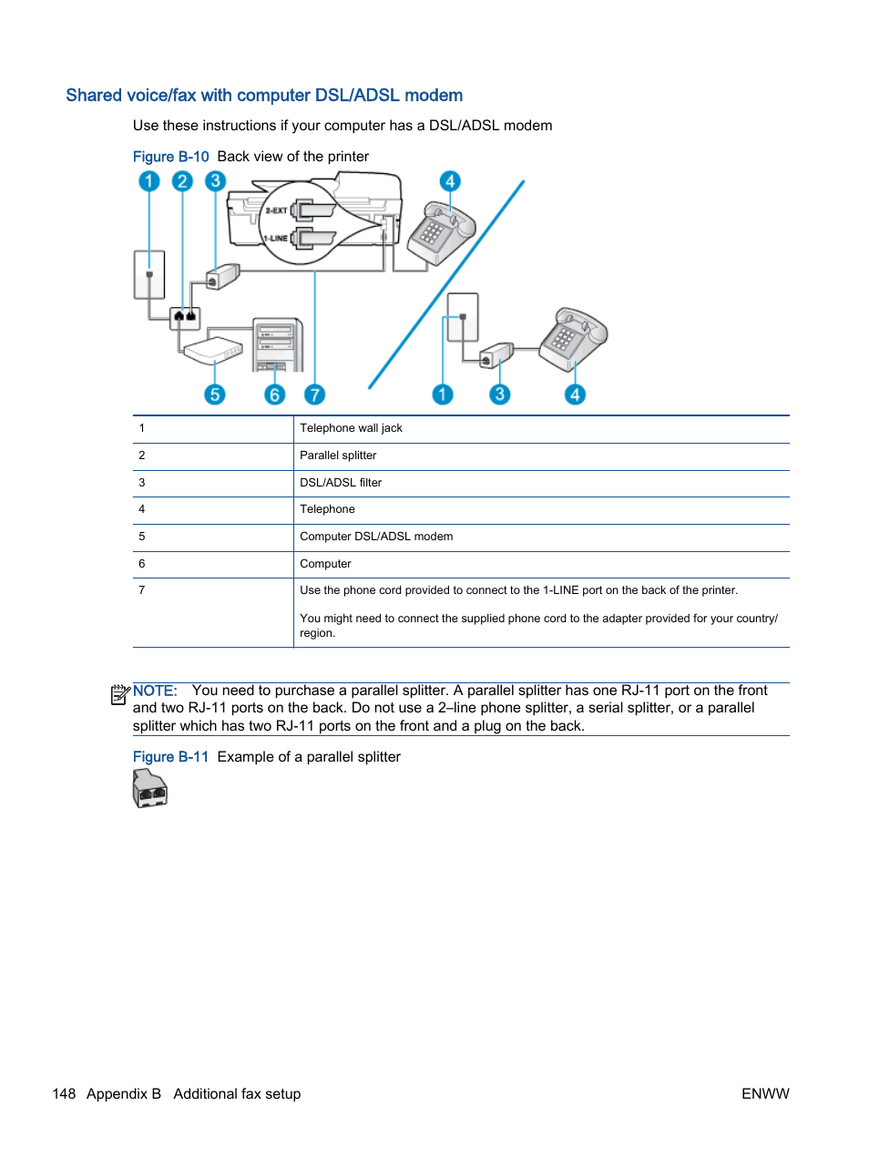 Shared voice/fax with computer dsl/adsl modem | HP Officejet 4630 e-All-in-One Printer User Manual | Page 154 / 166