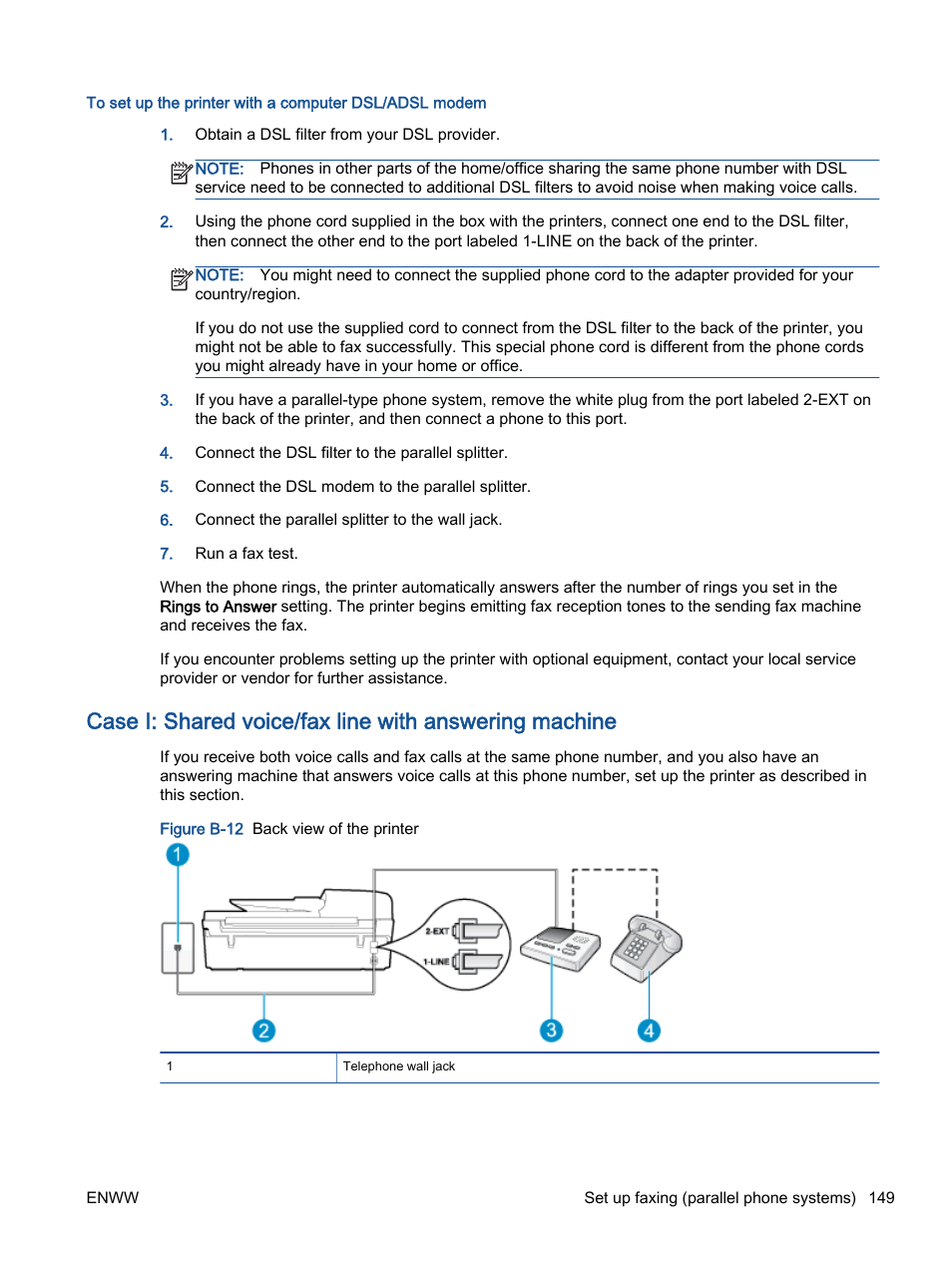 Case i: shared voice/fax, Line with answering machine | HP Officejet 4630 e-All-in-One Printer User Manual | Page 155 / 166