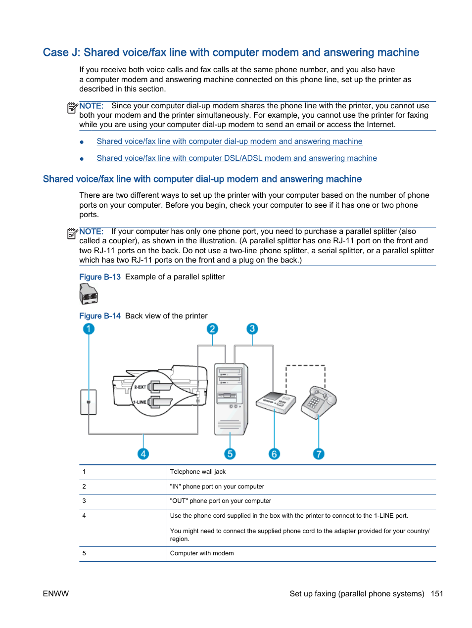 Case j: shared voice/fax, Line with computer modem, And answering machine | HP Officejet 4630 e-All-in-One Printer User Manual | Page 157 / 166