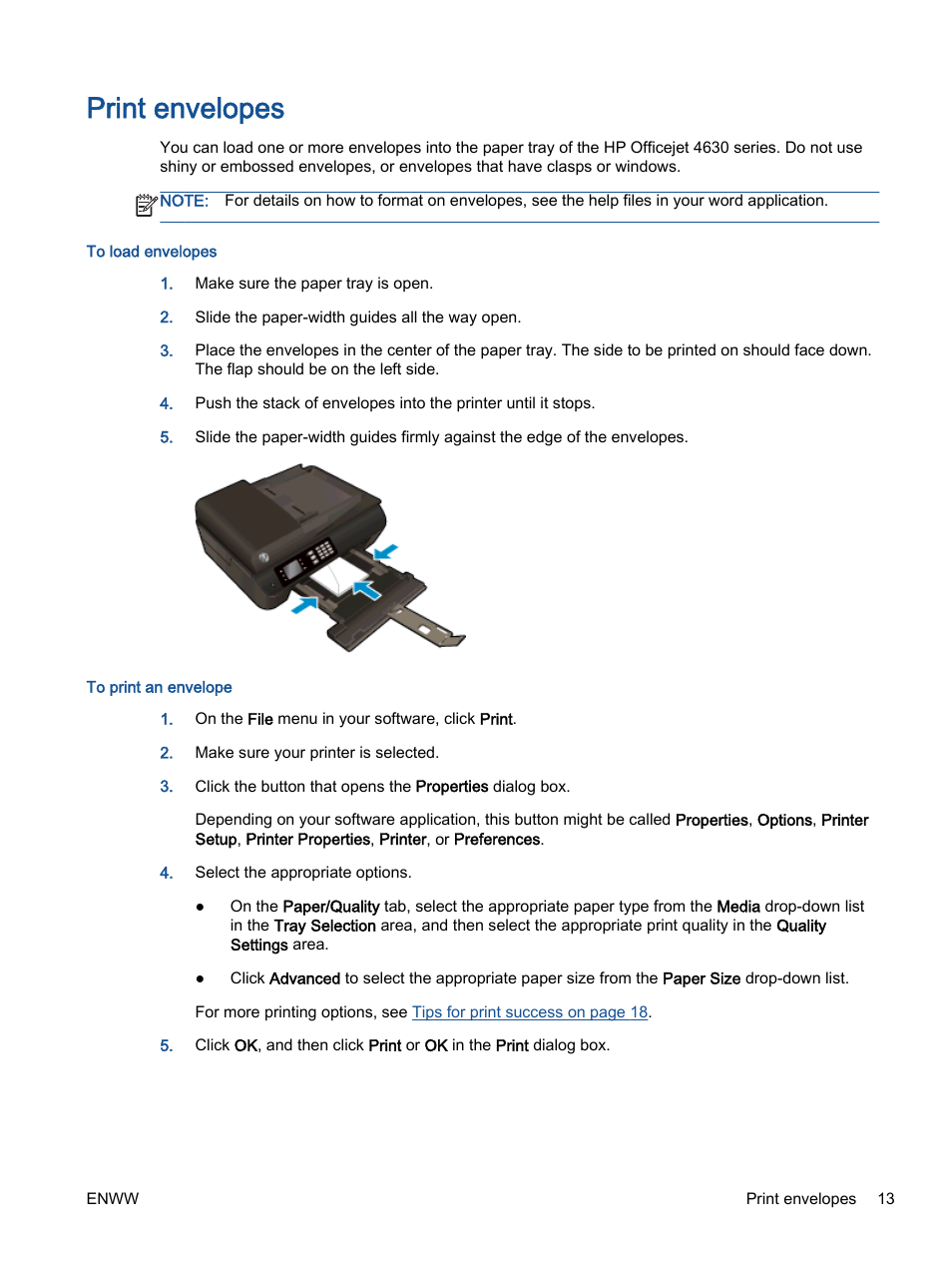 Print envelopes | HP Officejet 4630 e-All-in-One Printer User Manual | Page 19 / 166