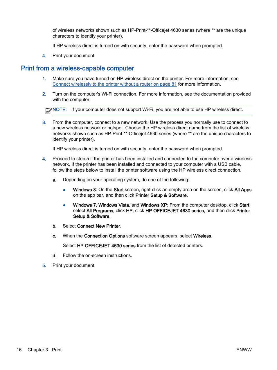 Print from a wireless-capable computer | HP Officejet 4630 e-All-in-One Printer User Manual | Page 22 / 166