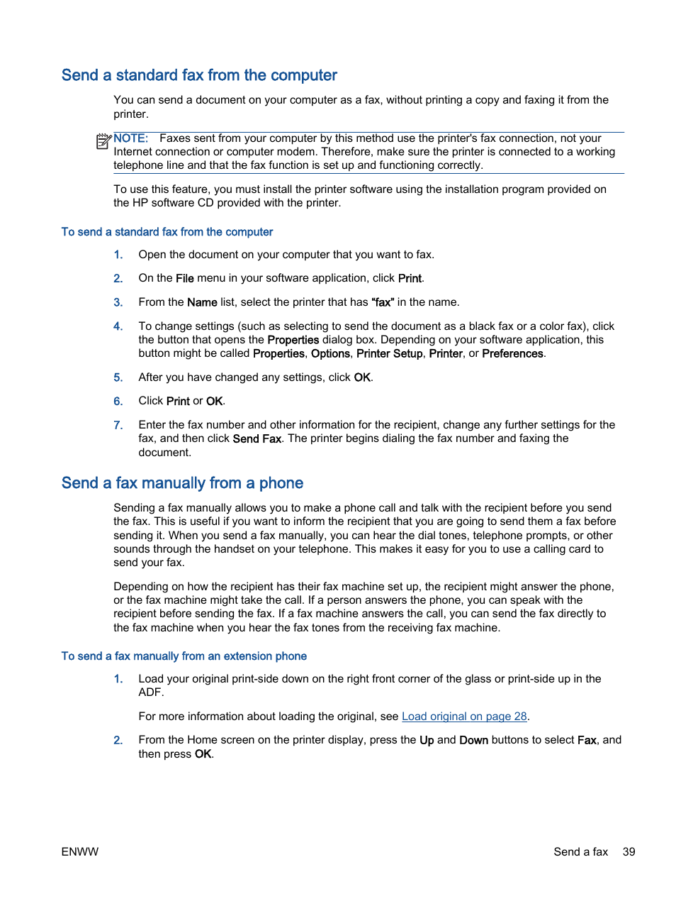 Send a standard fax from the computer, Send a fax manually from a phone | HP Officejet 4630 e-All-in-One Printer User Manual | Page 45 / 166