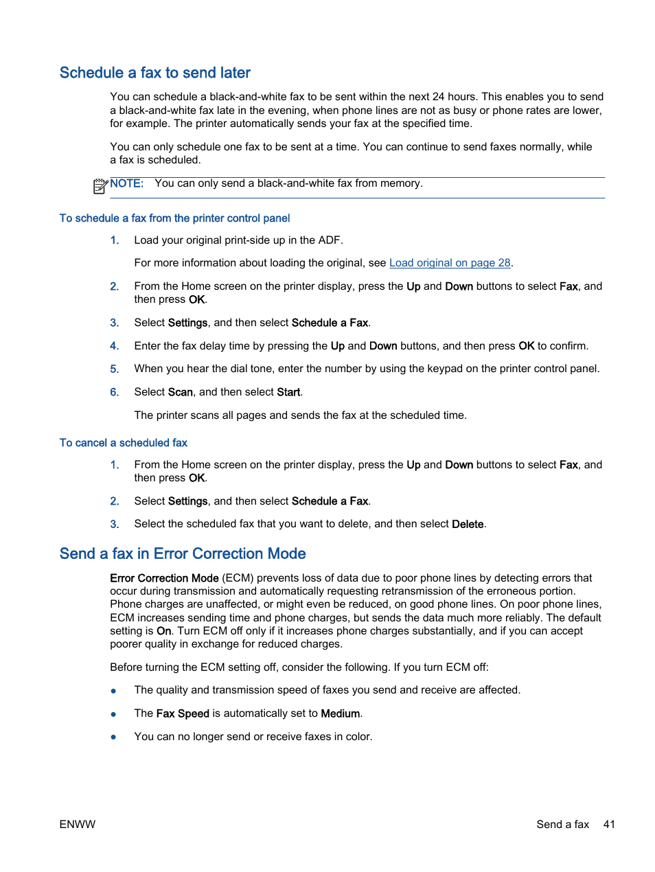 Schedule a fax to send later, Send a fax in error correction mode | HP Officejet 4630 e-All-in-One Printer User Manual | Page 47 / 166