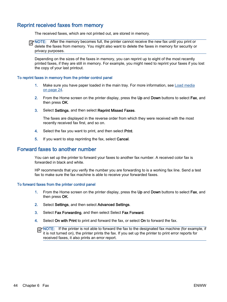 Reprint received faxes from memory, Forward faxes to another number | HP Officejet 4630 e-All-in-One Printer User Manual | Page 50 / 166