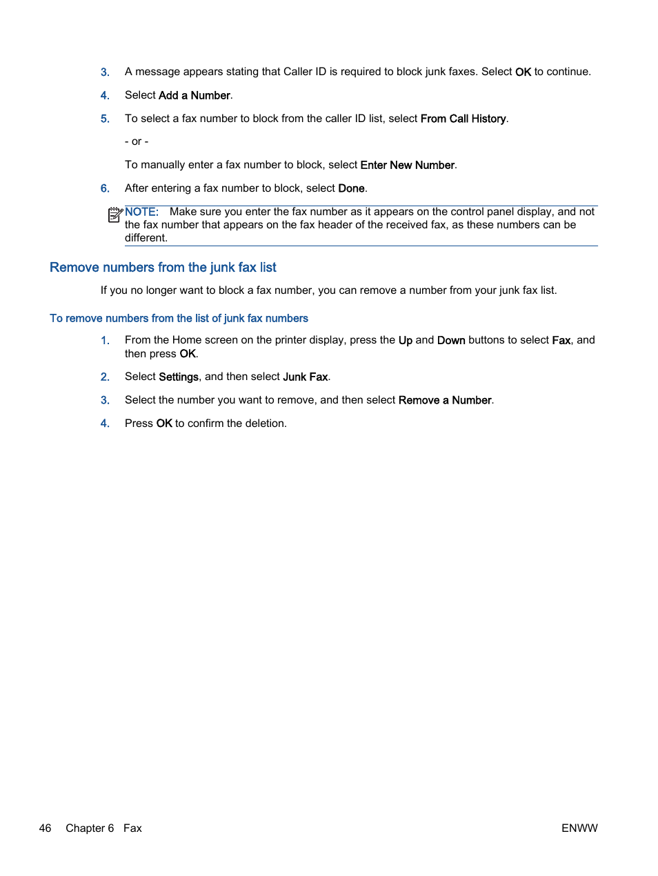 Remove numbers from the junk fax list | HP Officejet 4630 e-All-in-One Printer User Manual | Page 52 / 166