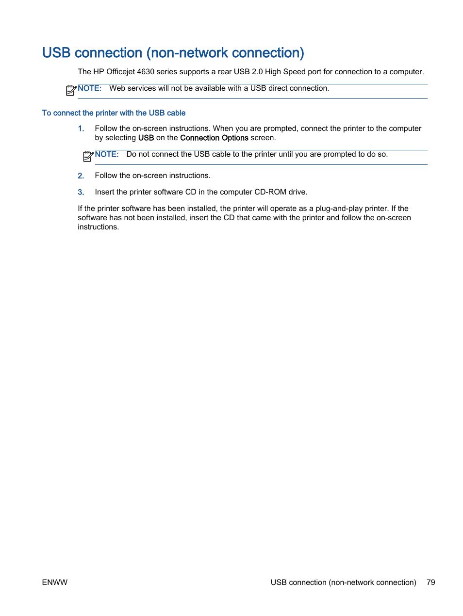 Usb connection (non-network connection) | HP Officejet 4630 e-All-in-One Printer User Manual | Page 85 / 166