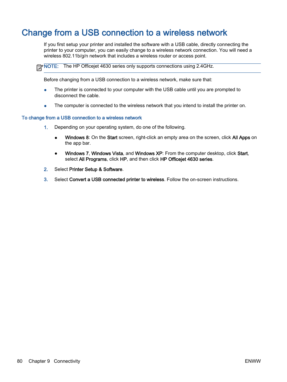 Change from a usb connection to a wireless network | HP Officejet 4630 e-All-in-One Printer User Manual | Page 86 / 166