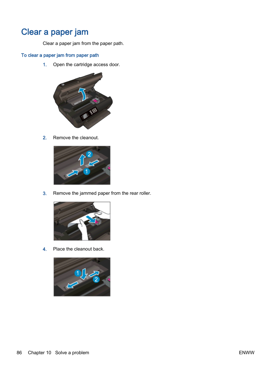 Clear a paper jam | HP Officejet 4630 e-All-in-One Printer User Manual | Page 92 / 166