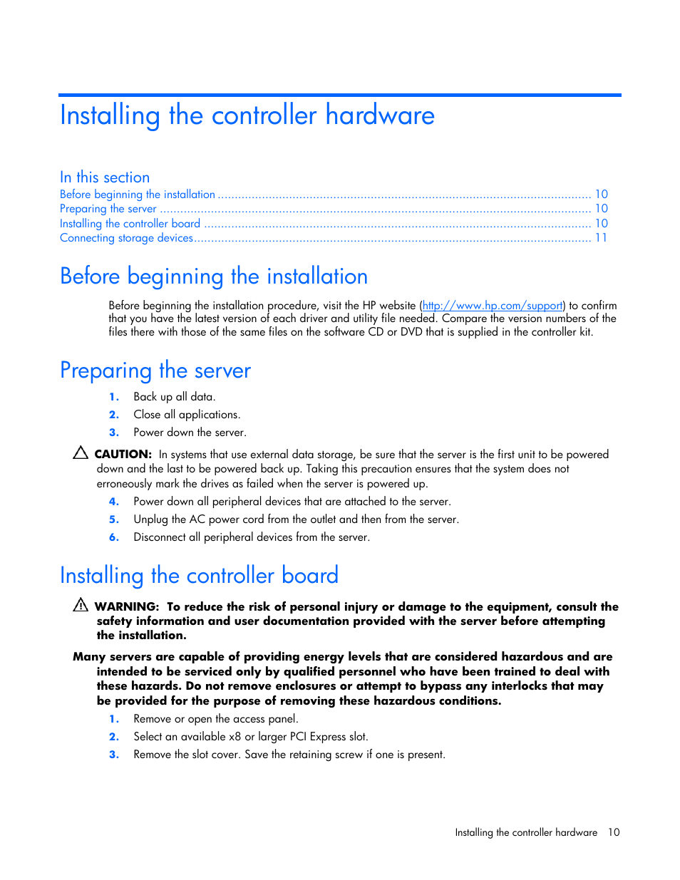 Installing the controller hardware, Before beginning the installation, Preparing the server | Installing the controller board | HP ProLiant DL580 G4 Server User Manual | Page 10 / 41