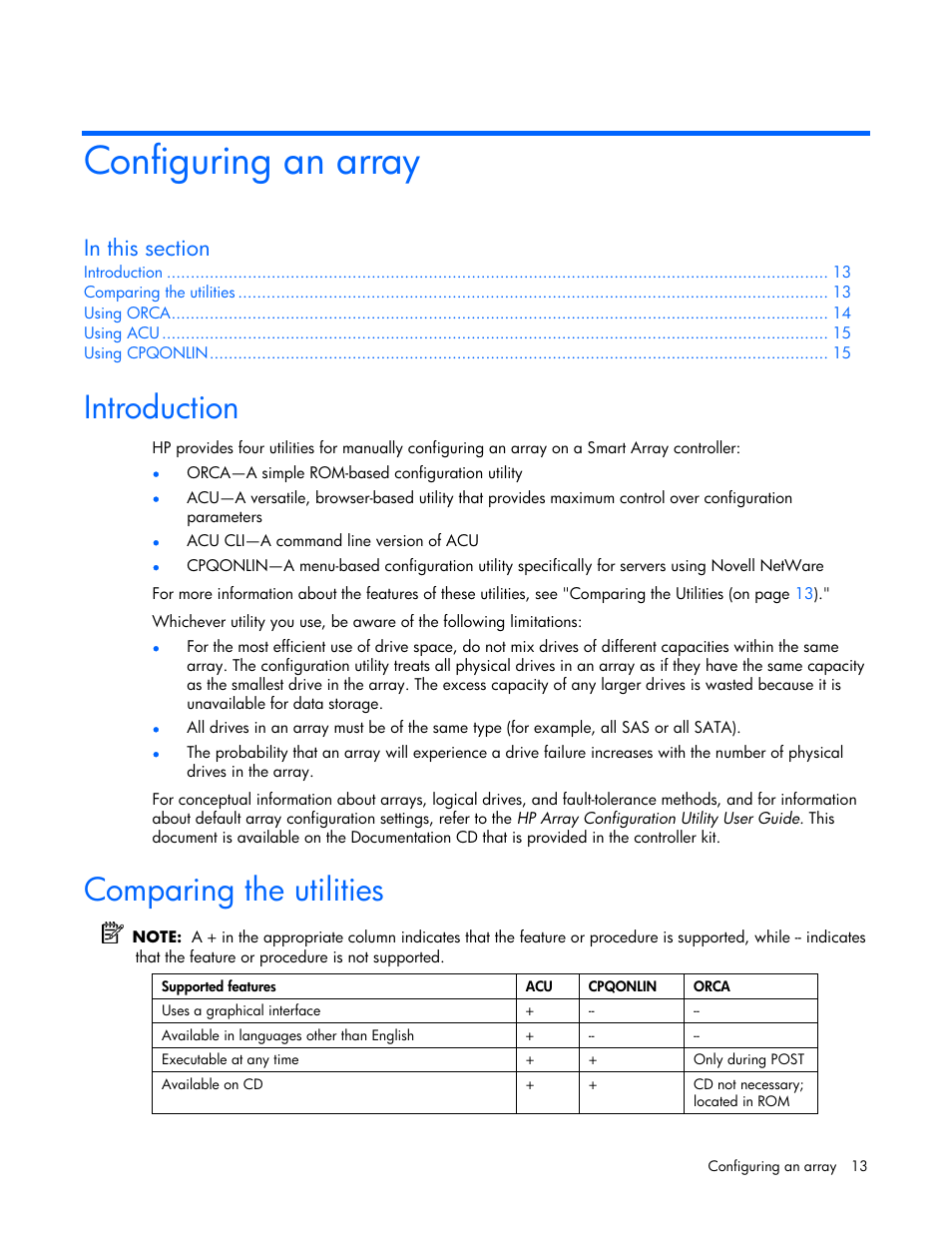 Configuring an array, Introduction, Comparing the utilities | You may now do so | HP ProLiant DL580 G4 Server User Manual | Page 13 / 41