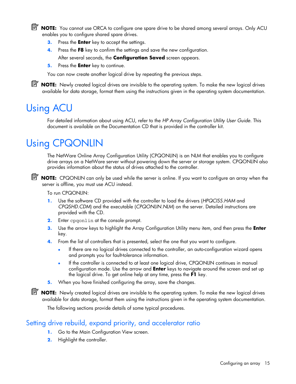 Using acu, Using cpqonlin, 15 using cpqonlin | HP ProLiant DL580 G4 Server User Manual | Page 15 / 41