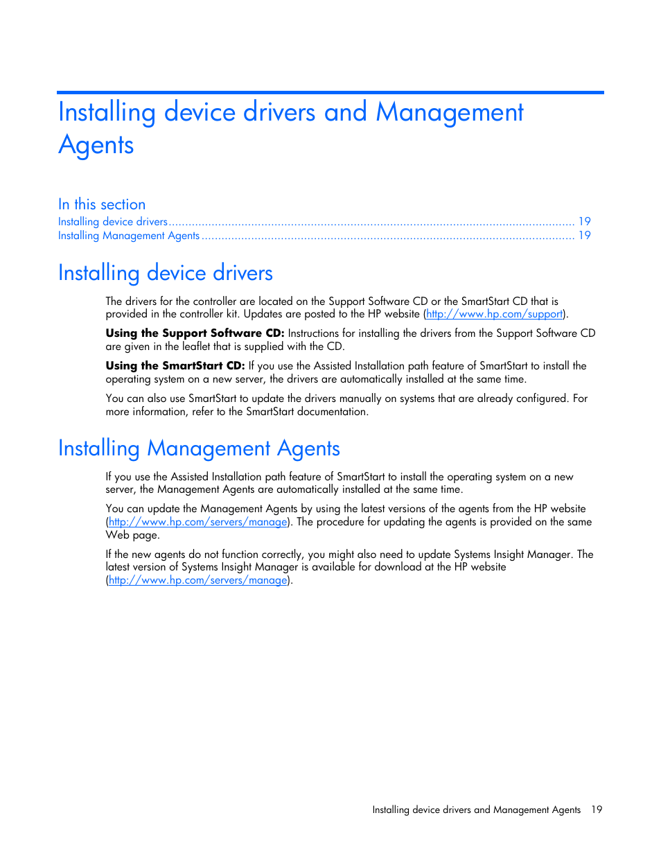 Installing device drivers and management agents, Installing device drivers, Installing management agents | Instructions, Installing device, Drivers, On p | HP ProLiant DL580 G4 Server User Manual | Page 19 / 41