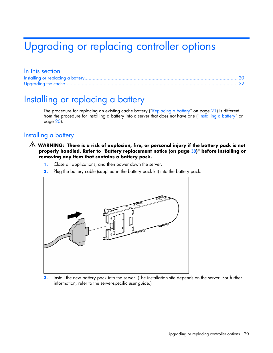 Upgrading or replacing controller options, Installing or replacing a battery, Installing a battery | HP ProLiant DL580 G4 Server User Manual | Page 20 / 41