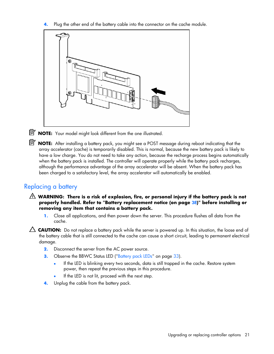 Replacing a battery, Cache battery | HP ProLiant DL580 G4 Server User Manual | Page 21 / 41