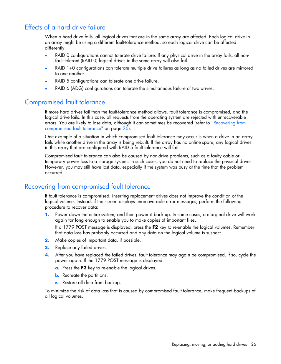 Effects of a hard drive failure, Compromised fault tolerance, Recovering from compromised fault tolerance | HP ProLiant DL580 G4 Server User Manual | Page 26 / 41