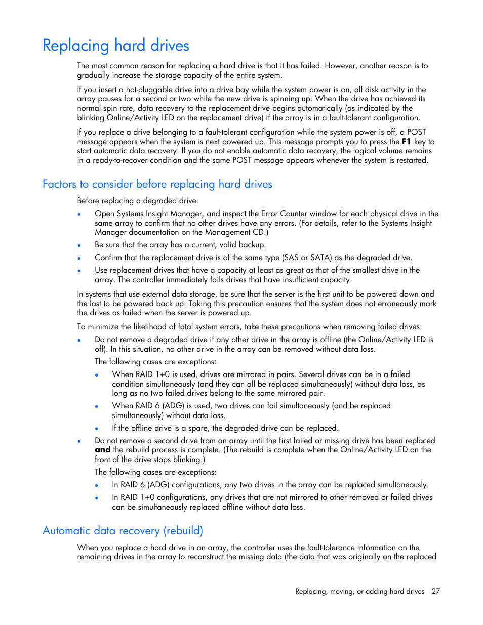 Replacing hard drives, Factors to consider before replacing hard drives, Automatic data recovery (rebuild) | HP ProLiant DL580 G4 Server User Manual | Page 27 / 41