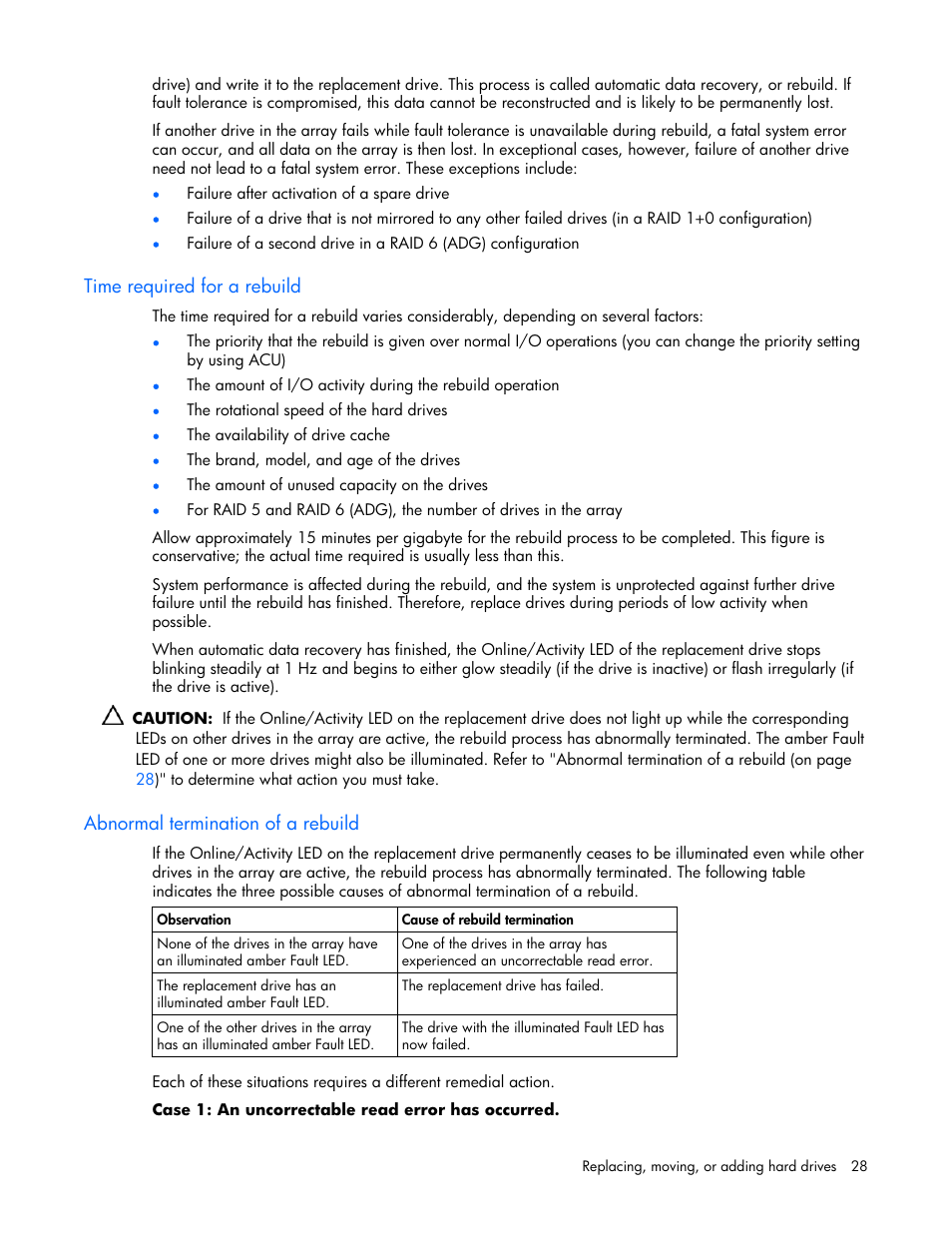 Time required for a rebuild, Abnormal termination of a rebuild | HP ProLiant DL580 G4 Server User Manual | Page 28 / 41