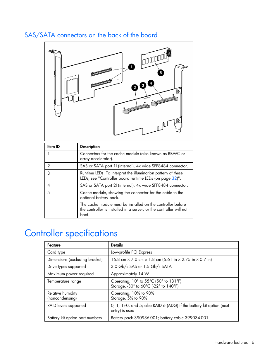 Sas/sata connectors on the back of the board, Controller specifications, Has the connectors on the | HP ProLiant DL580 G4 Server User Manual | Page 6 / 41