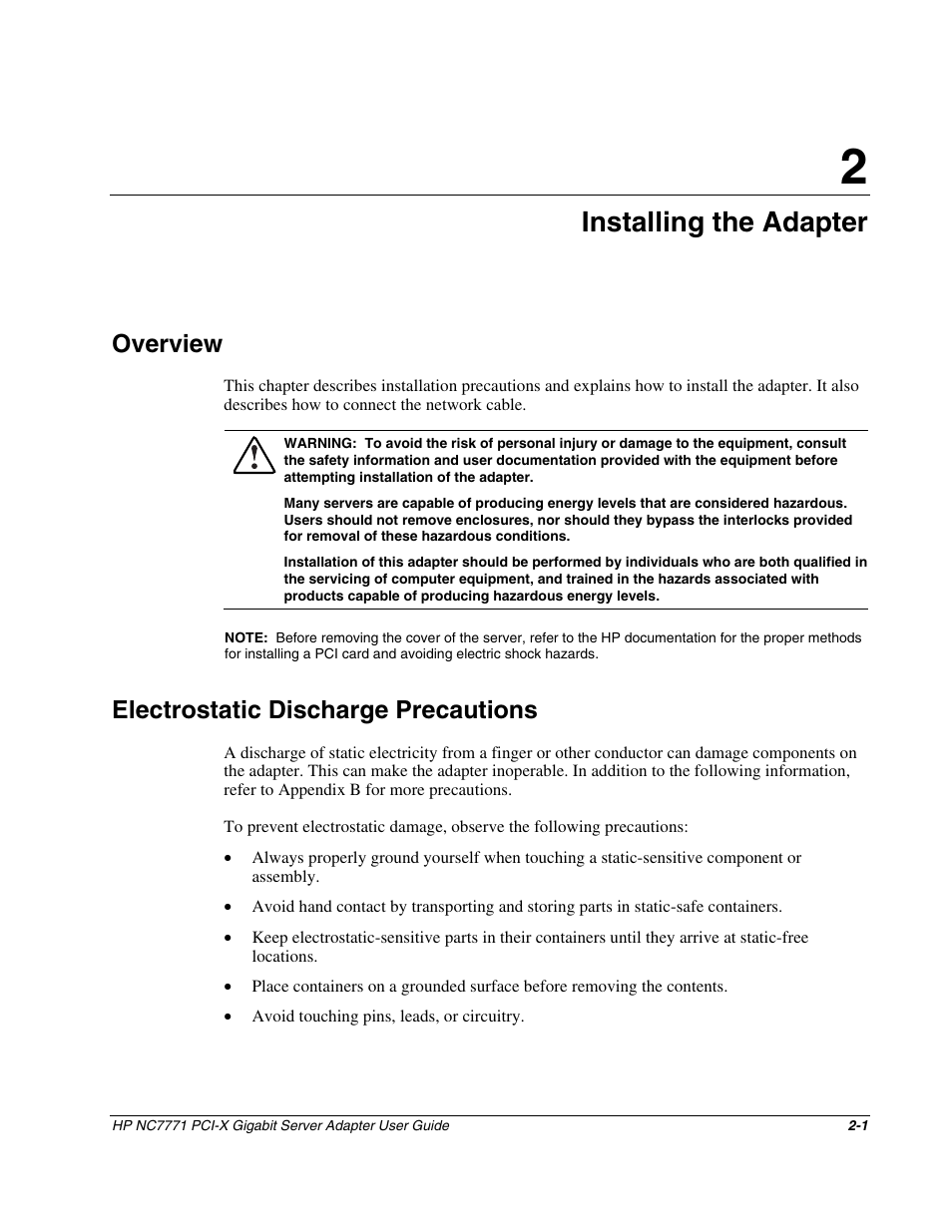 Chapter 2: installing the adapter, Overview, Electrostatic discharge precautions | Chapter 2, Installing the adapter, Overview -1, Electrostatic discharge precautions -1 | HP NC7771 Gigabit Server Adapter User Manual | Page 10 / 21
