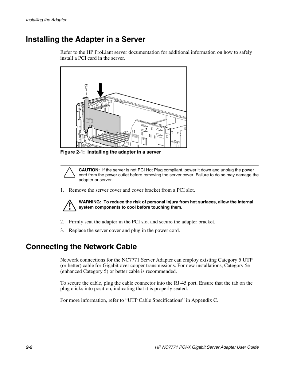 Installing the adapter in a server, Connecting the network cable, Installing the adapter in a server -2 | Connecting the network cable -2 | HP NC7771 Gigabit Server Adapter User Manual | Page 11 / 21
