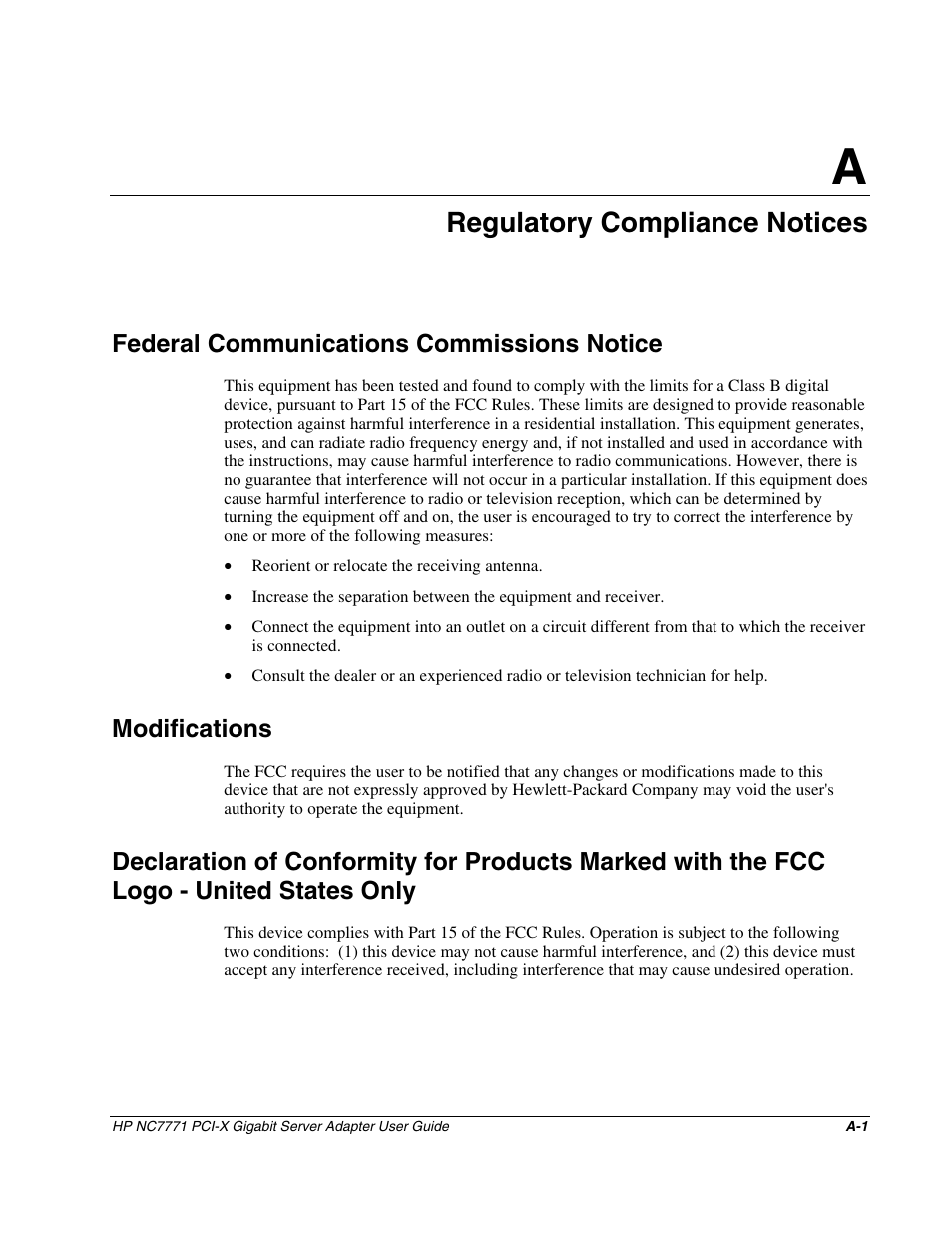 Appendix a: regulatory compliance notices, Federal communications commissions notice, Modifications | Appendix a, Regulatory compliance notices | HP NC7771 Gigabit Server Adapter User Manual | Page 12 / 21