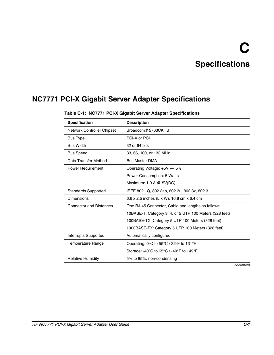 Appendix c: specifications, Nc7771 pci-x gigabit server adapter specifications, Appendix c | Specifications | HP NC7771 Gigabit Server Adapter User Manual | Page 16 / 21