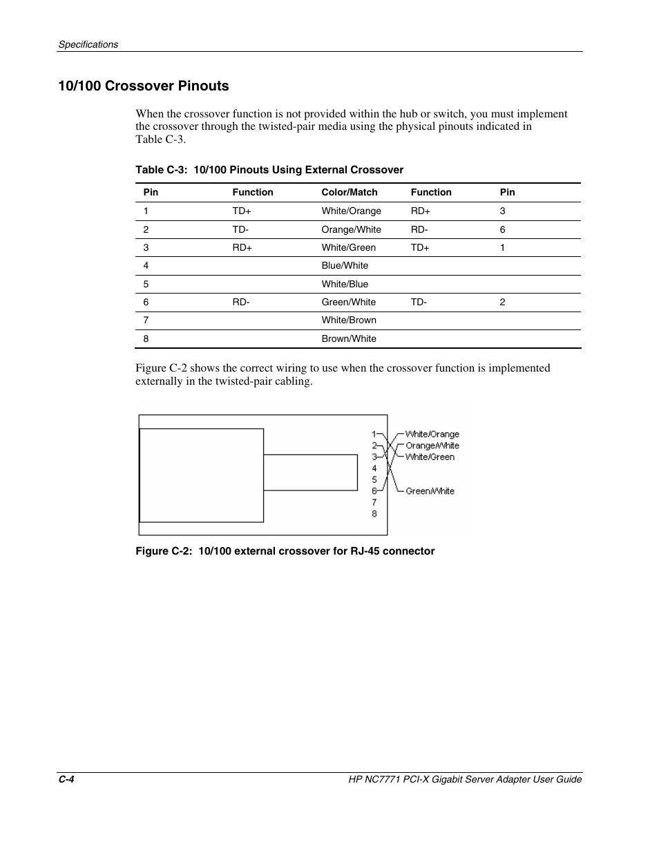 10/100 crossover pinouts | HP NC7771 Gigabit Server Adapter User Manual | Page 19 / 21