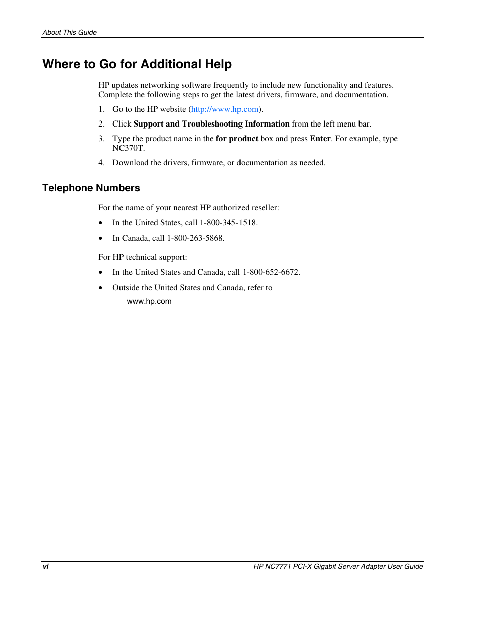 Where to go for additional help, Telephone numbers | HP NC7771 Gigabit Server Adapter User Manual | Page 6 / 21