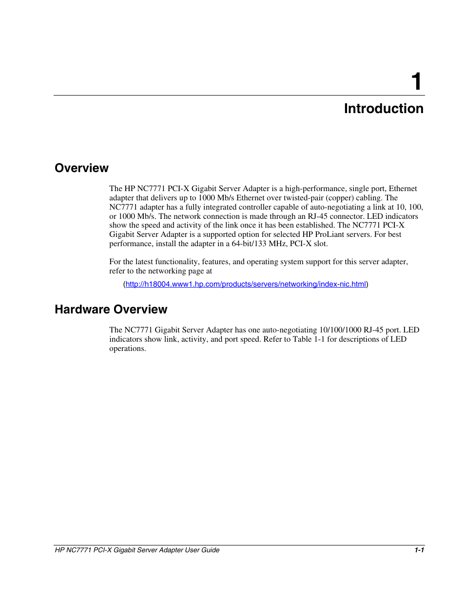 Chapter 1: introduction, Overview, Hardware overview | Chapter 1, Introduction, Overview -1, Hardware overview -1 | HP NC7771 Gigabit Server Adapter User Manual | Page 7 / 21