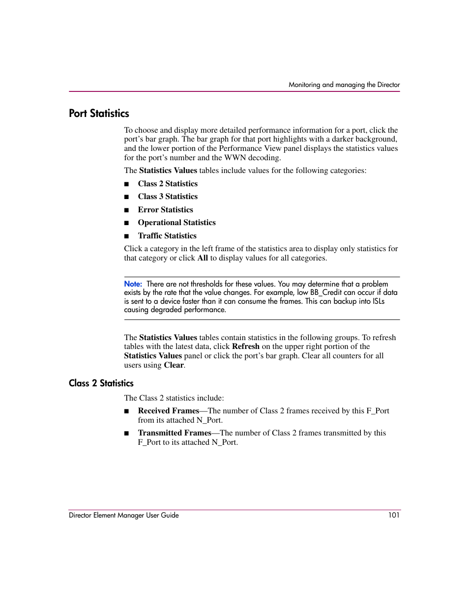 Port statistics, Class 2 statistics | HP StorageWorks 2.140 Director Switch User Manual | Page 103 / 278