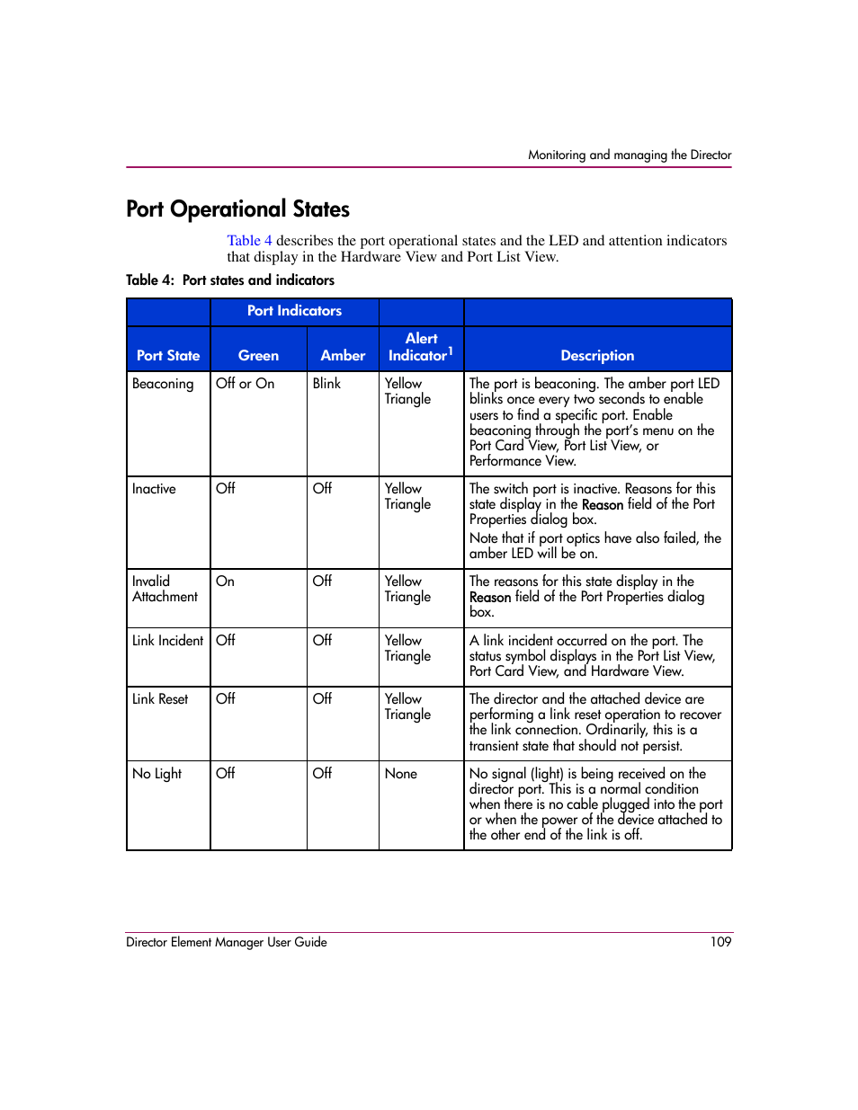 Port operational states, Table 4: port states and indicators, 4 port states and indicators | Ing. see | HP StorageWorks 2.140 Director Switch User Manual | Page 111 / 278