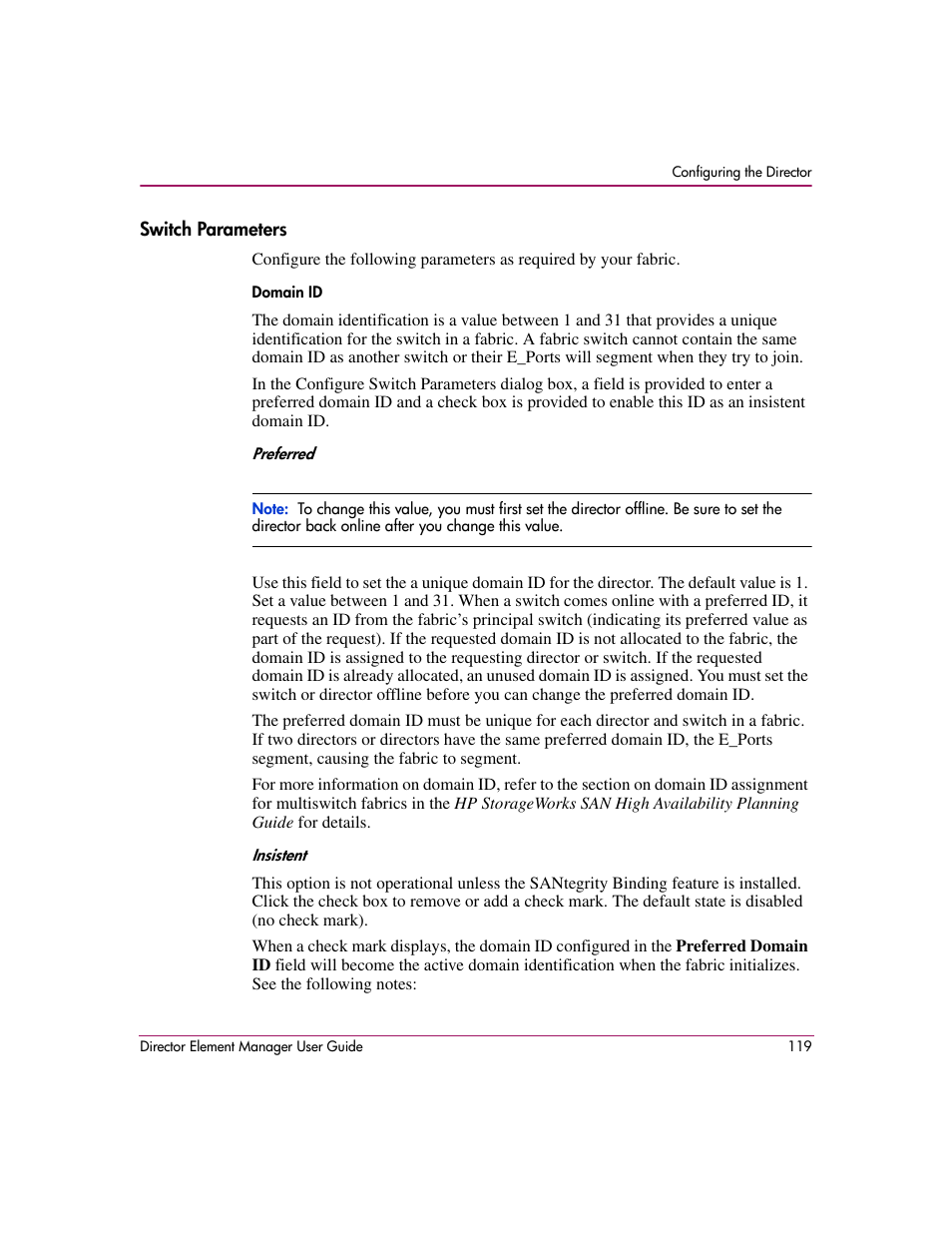 Switch parameters | HP StorageWorks 2.140 Director Switch User Manual | Page 121 / 278