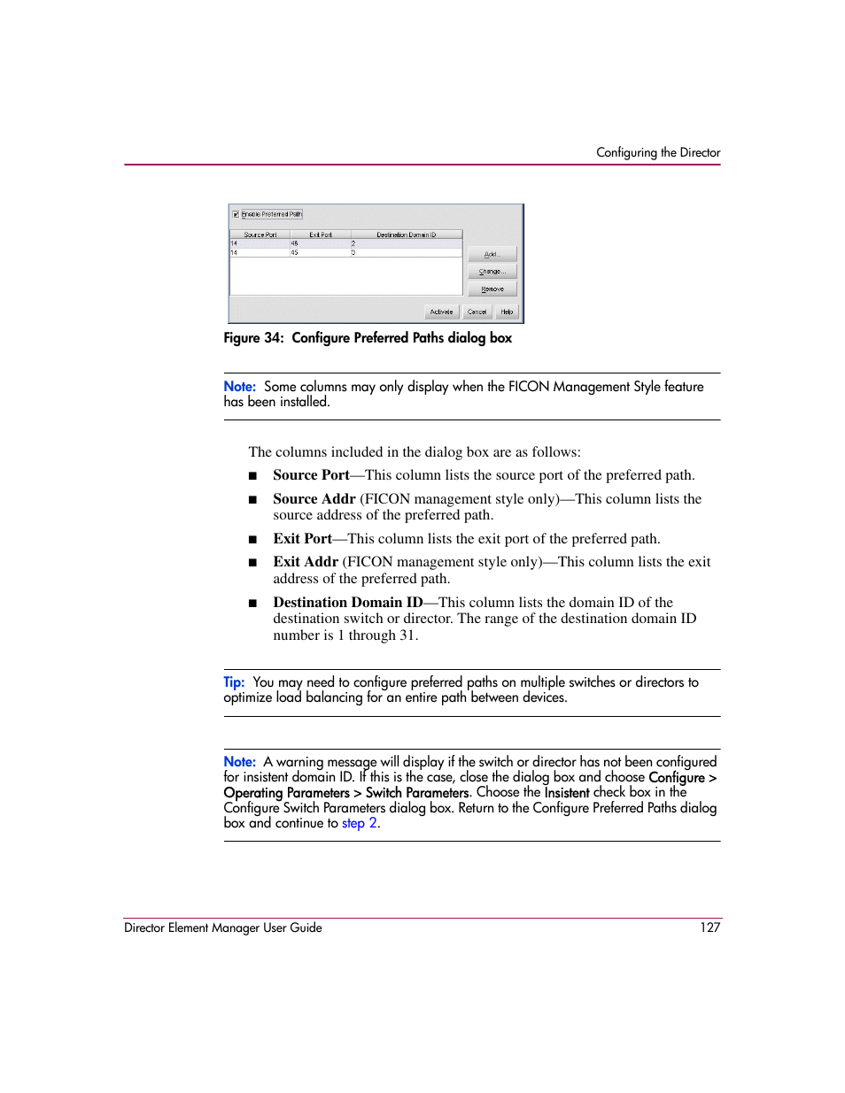 Figure 34: configure preferred paths dialog box, 34 configure preferred paths dialog box | HP StorageWorks 2.140 Director Switch User Manual | Page 129 / 278