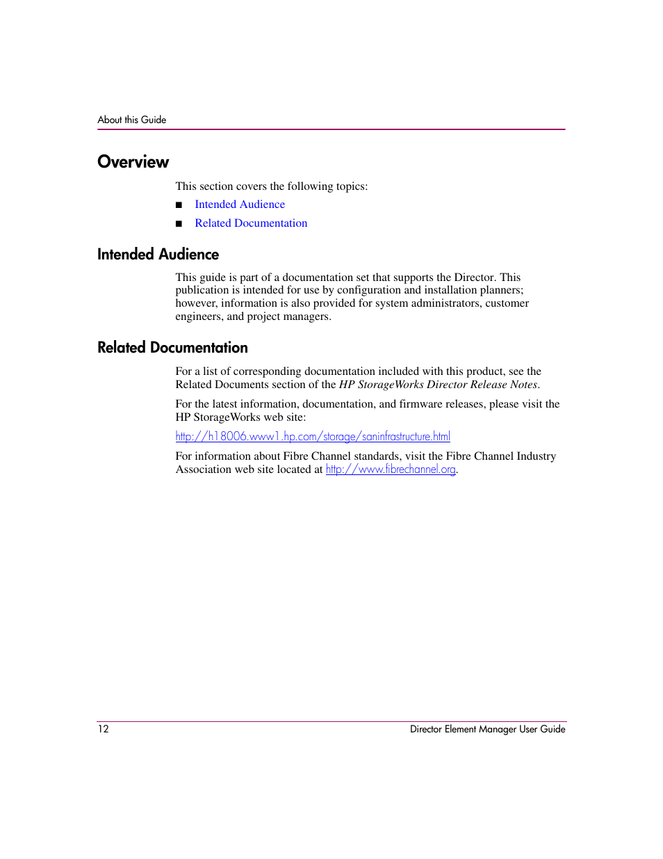 Overview, Intended audience, Related documentation | Intended audience related documentation | HP StorageWorks 2.140 Director Switch User Manual | Page 14 / 278